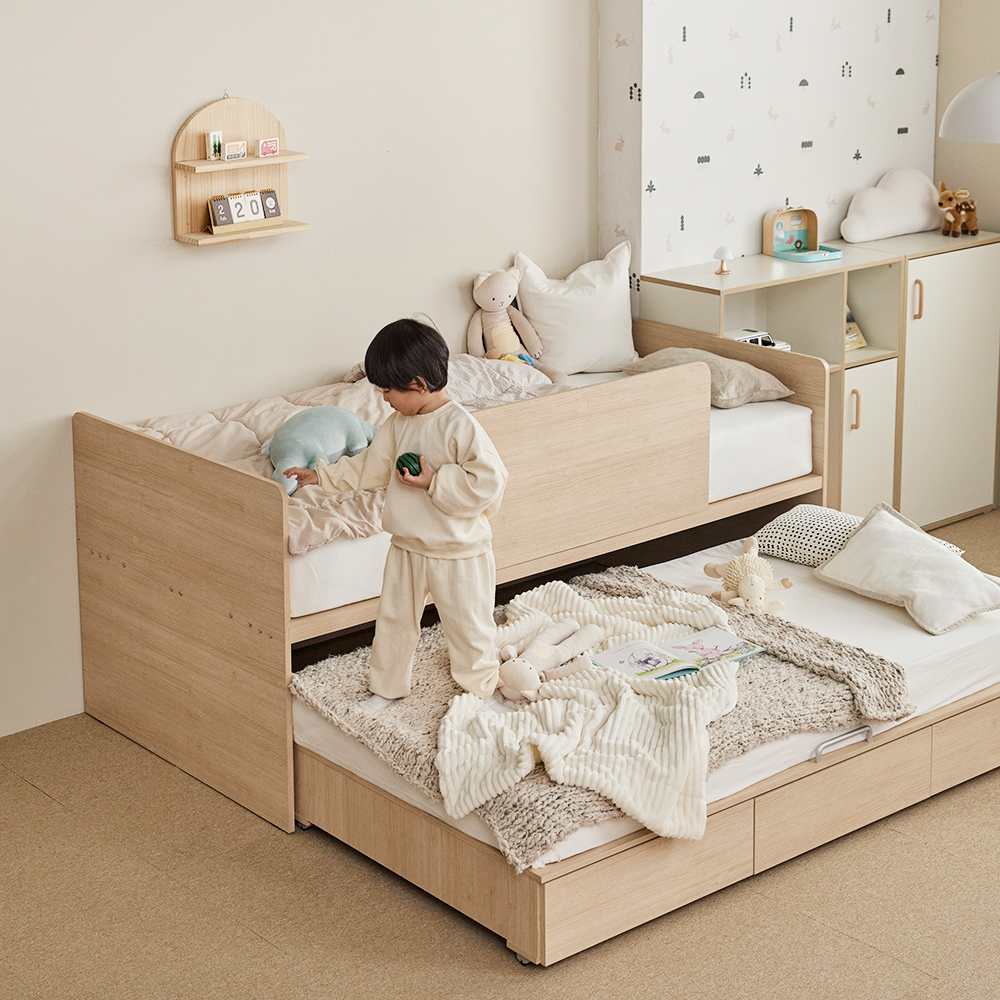 피터 E0등급 슬라이딩 낮은 저상형 2층침대 싱글 침대 프레임+3단서랍+우드가드