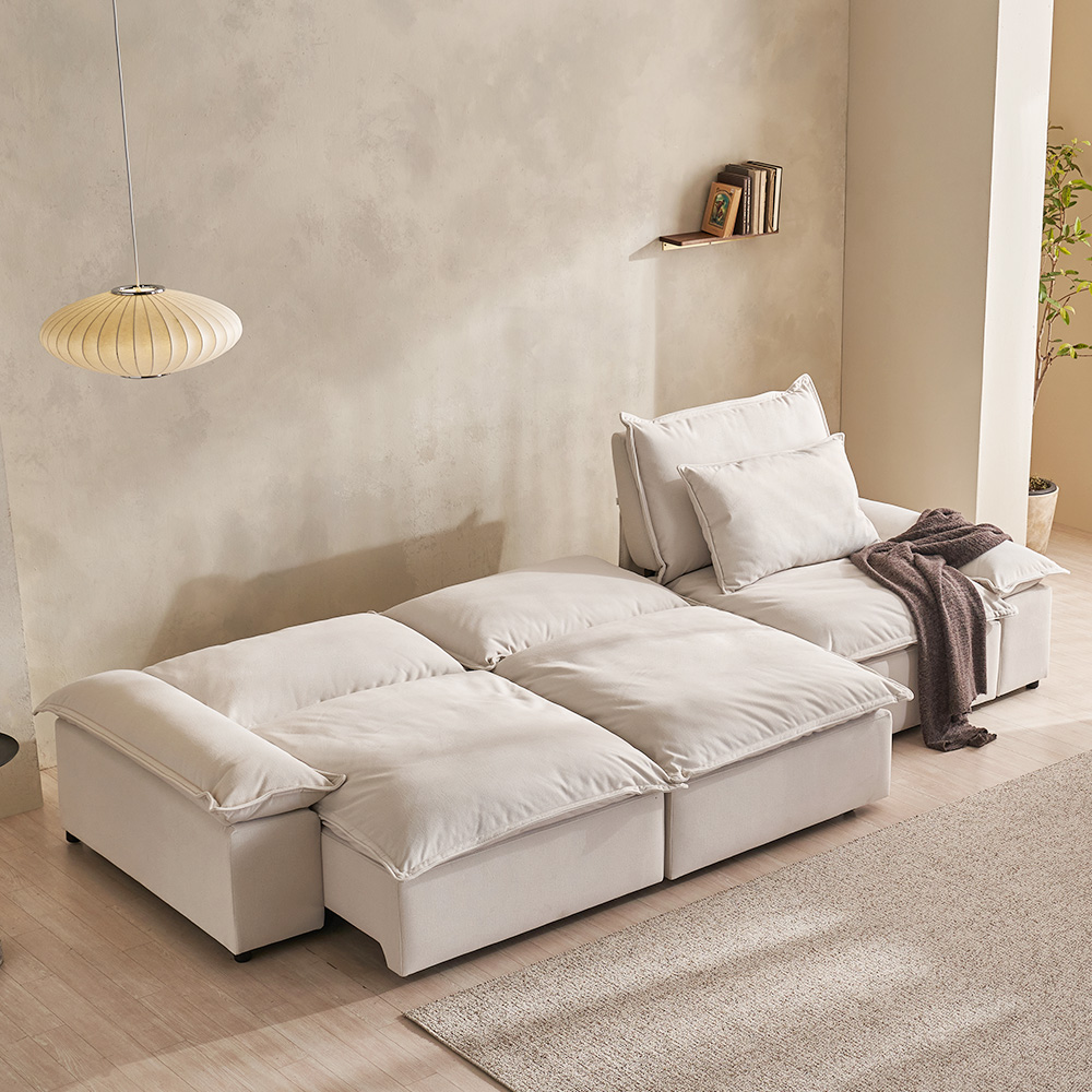 장인가구 하온 4세대 전동 슬라이딩 리클라이너 모션 슬라이드 소파 베드 스툴미포함, 아이보리, 4인용