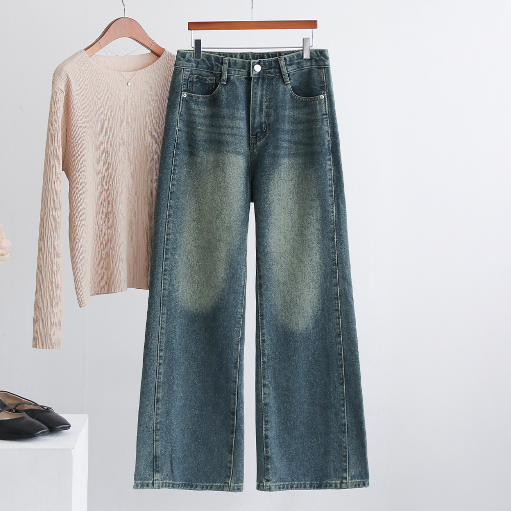 포디 트렌디한 사이드 절개 와이드 데님 팬츠(숏 & 롱 2기장) - 상품 이미지