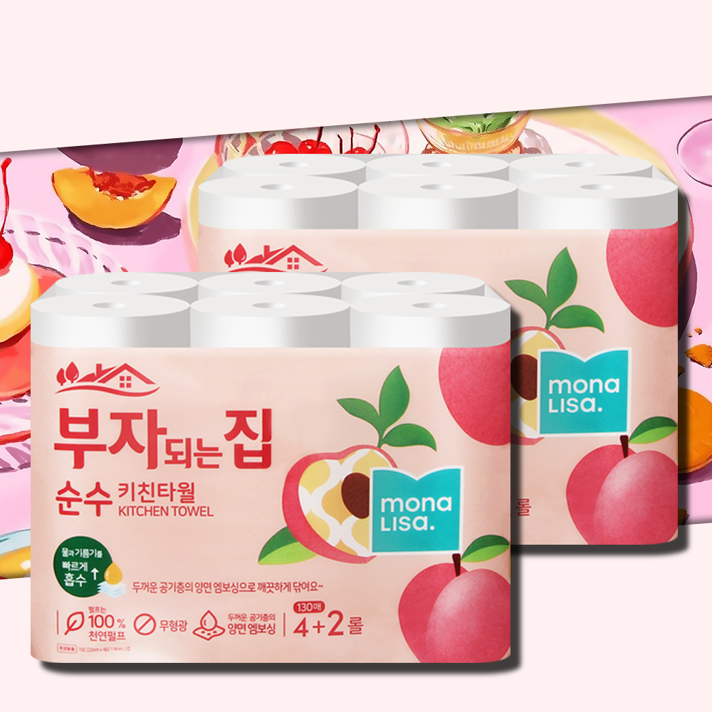 모나리자 부자되는집 순수 키친타올 130매 6롤 2팩 천연펄프 주방 키친타월 - 메인 이미지