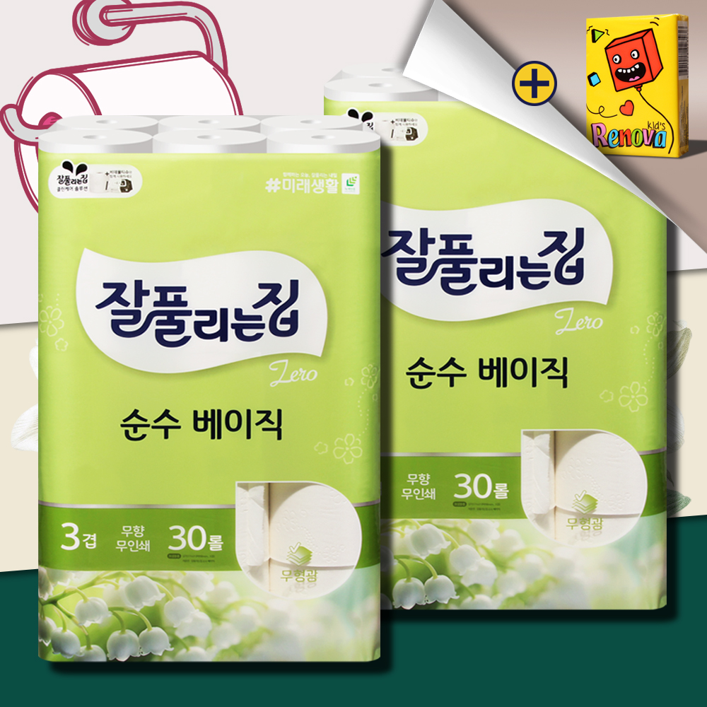 잘풀리는집 순수베이직 화장지 3겹 27m 30롤 2팩 두루마리 휴지 물에잘녹는 무형광 - 상품 이미지