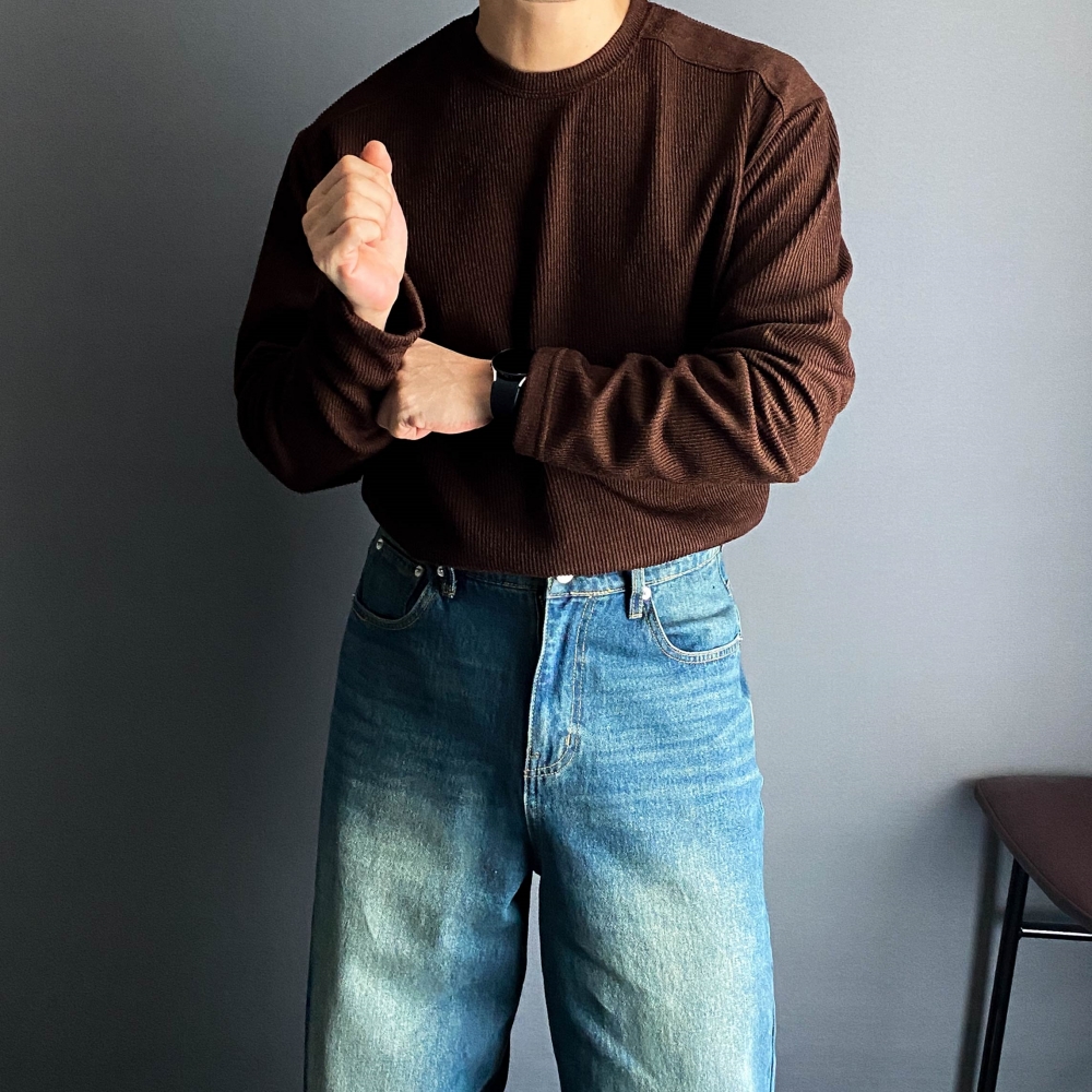 남자 니트 골지 라운드넥 데일리룩 기본핏 긴팔 커플룩 가을 겨울 봄 - 상세 이미지 5
