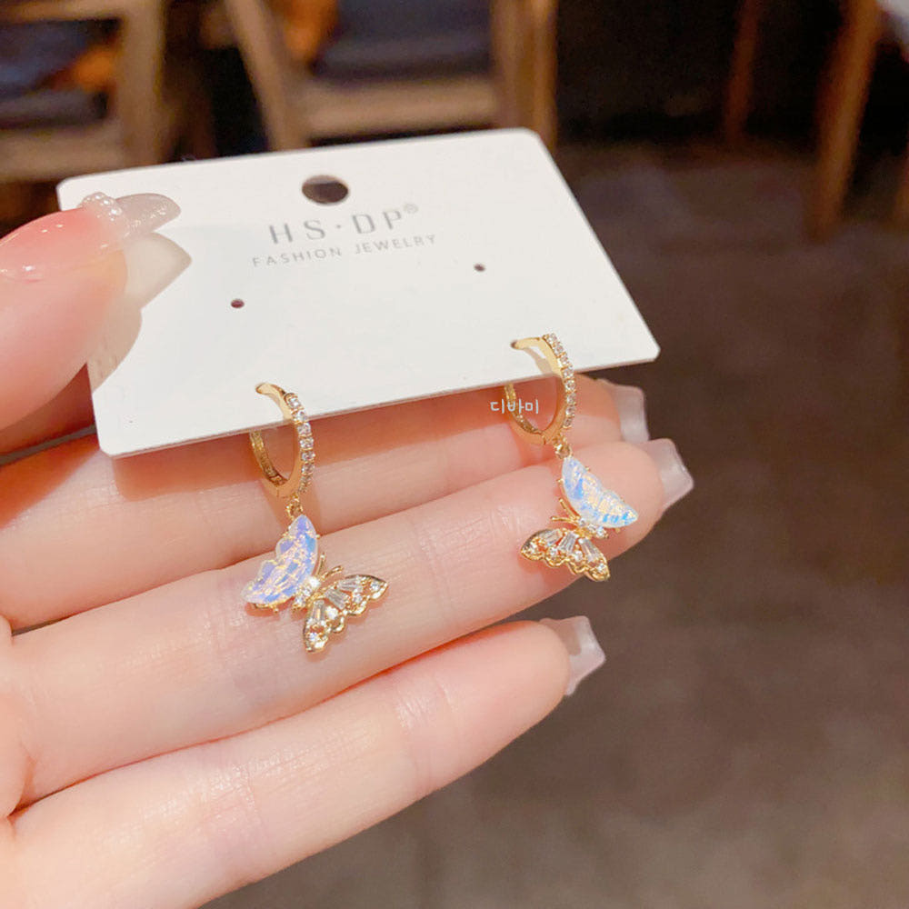 홀로그램 큐빅 나비 원터치 무알러지귀걸이 골드 도금 14K 이어링 이미지 7