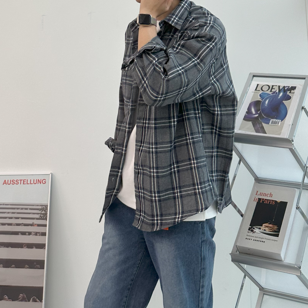 남자 셔츠 구김없는 오버핏 타탄체크 가을 겨울 남방 남자 셔츠 - 상세 이미지 4