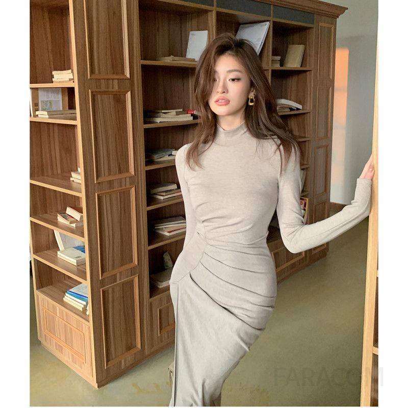 여성 가을 원피스 허리라인 리셰이프 플리츠 슬릿 스타일 긴팔 드레스 따뜻한 착용감 캐주얼한 외출용 데일리룩 - 상세 이미지 4