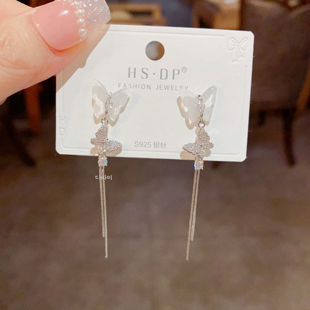 더블 나비 롱 체인 14K 자개귀걸이 큐빅 태슬 이어링 이미지 7