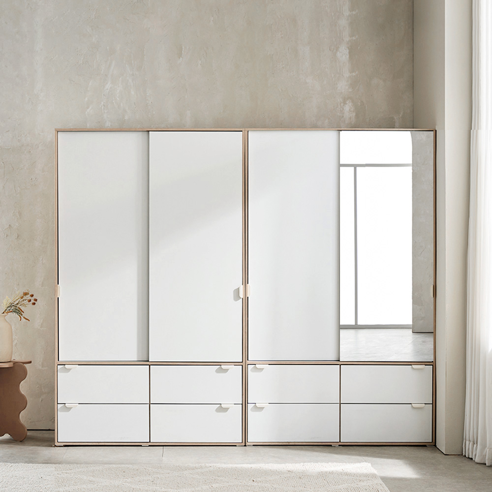 장인가구 코라 2400 슬라이딩 옷장 세트 1200 서랍옷장 (행거형)+1200 거울 서랍옷장 (선반형) - 상품 이미지