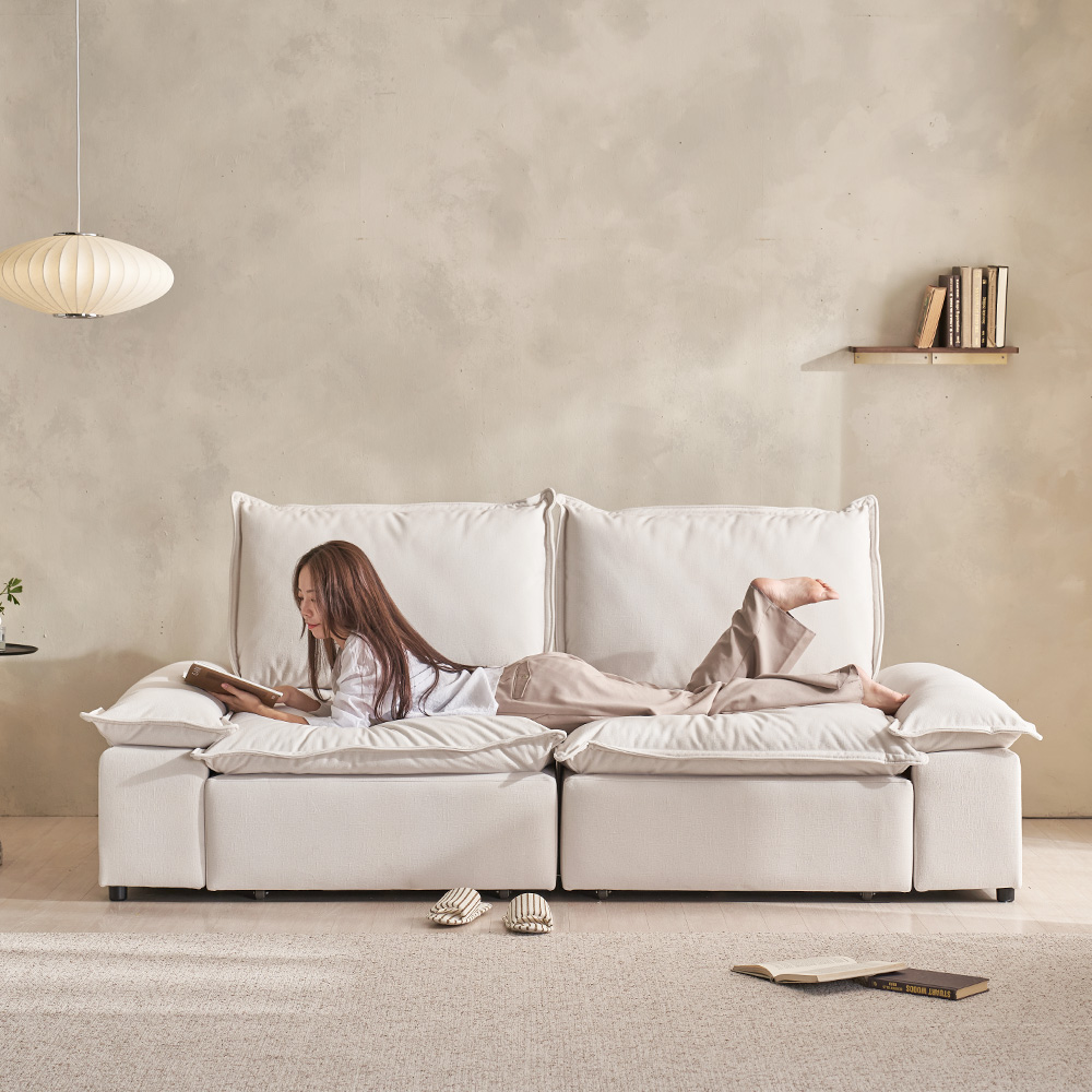 장인가구 하온 4세대 전동 슬라이딩 리클라이너 모션 슬라이드 소파 베드 스툴미포함, 아이보리, 4인용