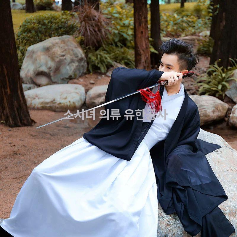 선비 두루마기 산신제 묘사 법복 시제 남자 무대 양반 공연의상 의상 제사 차례 사극 블랙 빅슬리브 셔츠+화이트 탑+화이트 XS - 상세 이미지 3