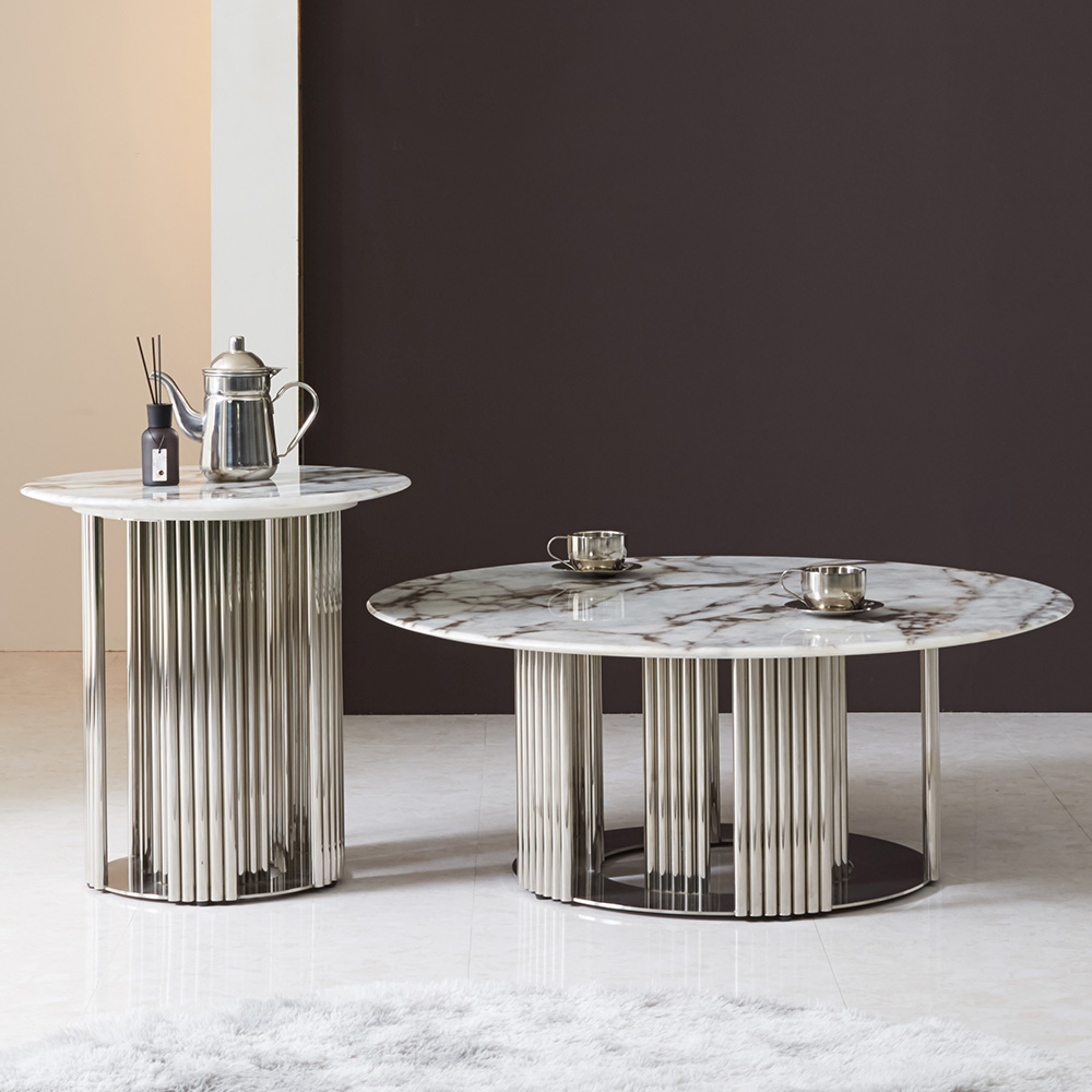 스코나 피에노 원형 듀얼 대리석 스텐 스틸 거실 소파 테이블 L