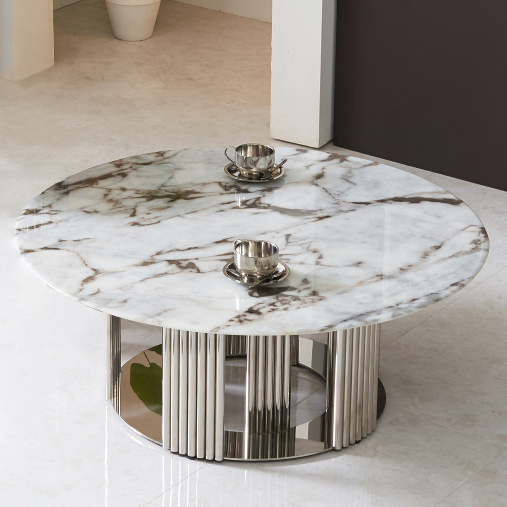 스코나 피에노 원형 듀얼 대리석 스텐 스틸 거실 소파 테이블 L