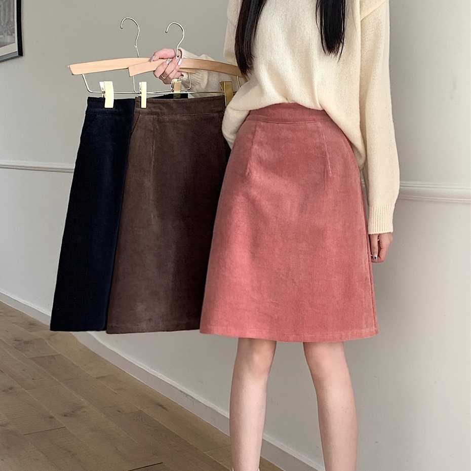 코듀로이 A라인 미디스커트 하이웨스트 빅사이즈 4XL까지 가을겨울 심플 디자인 브라운 - 상품 이미지