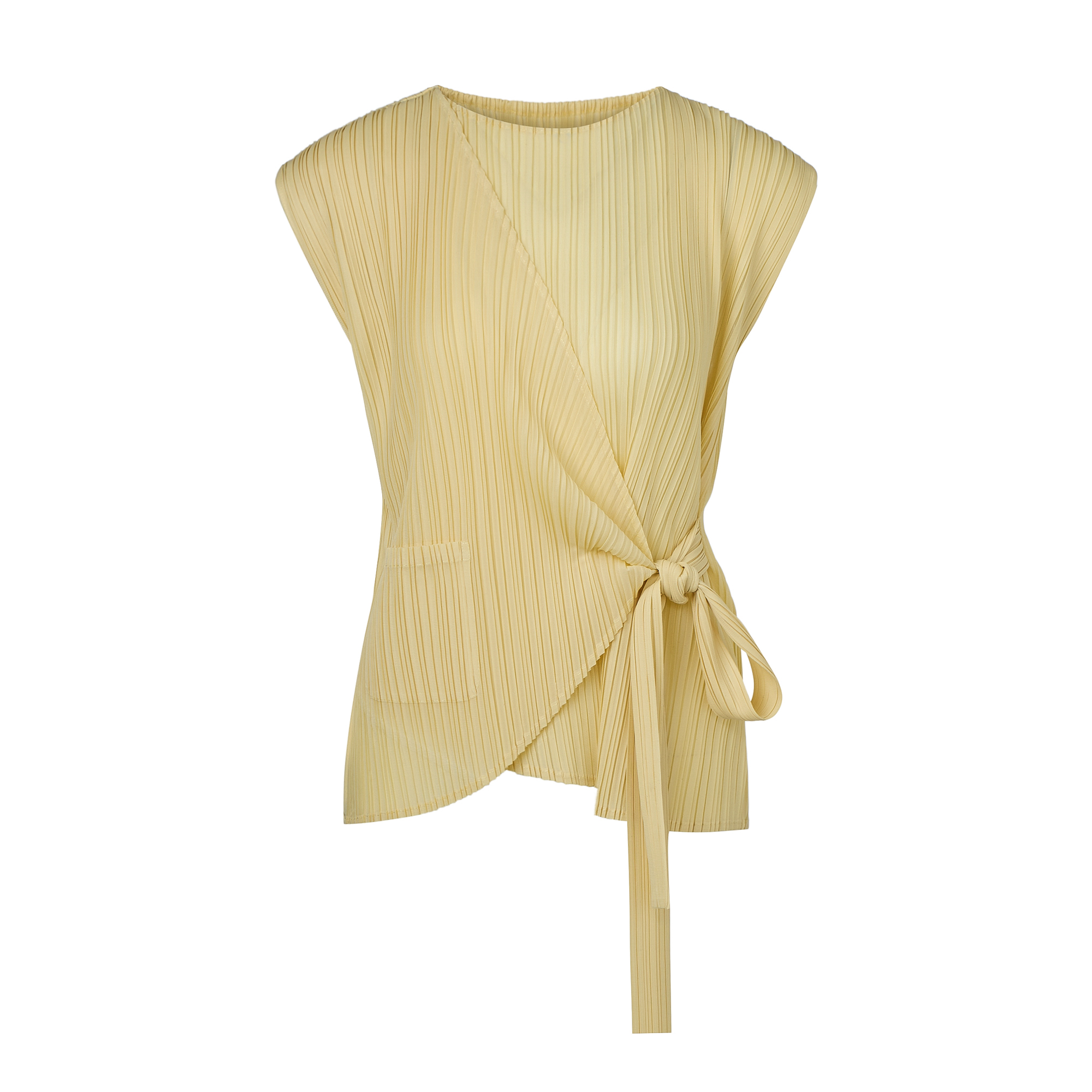 몽플리쎄 여성 타이드 랩 스타일 캡소매 플리츠 탑 (옐로우) 주름옷 프렌치룩 - 상품 이미지