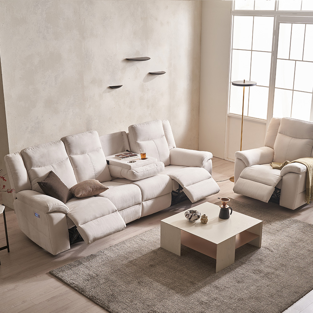 장인가구 코모아 아쿠아텍스 4인용 전동 리클라이너 패브릭 소파 컵홀더형