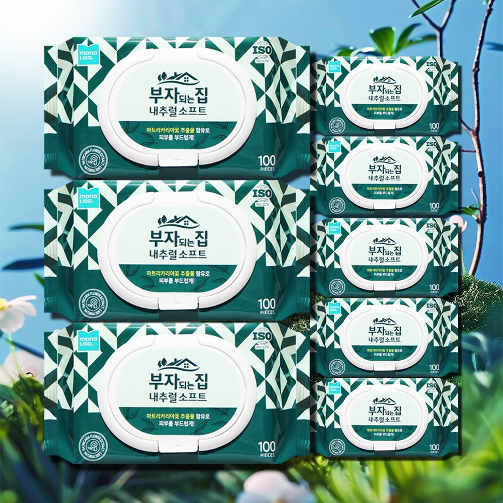 모나리자 부자되는집 내추럴 소프트 물티슈 캡형 100매 8팩