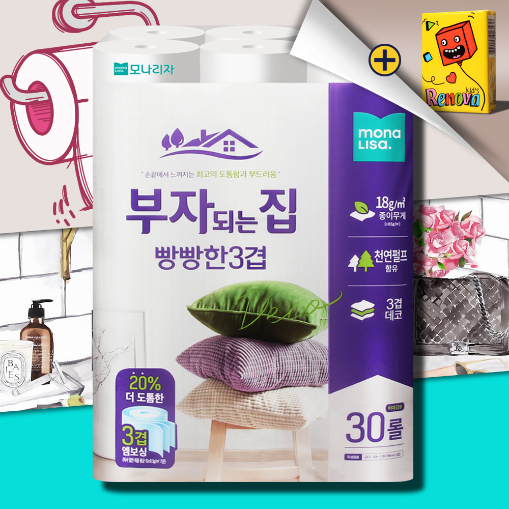모나리자 부자되는집 빵빵한 3겹 화장지 30m 30롤 두루마리 휴지 물에잘녹는 무형광 - 메인 이미지