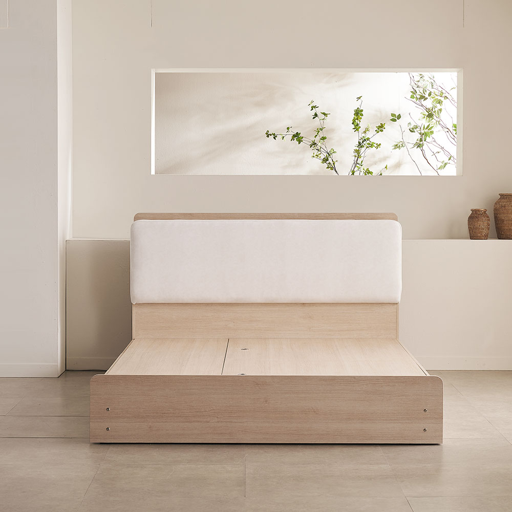 장인가구 가든 패브릭 쿠션헤드 LED 서랍형 수납침대 프레임 Q