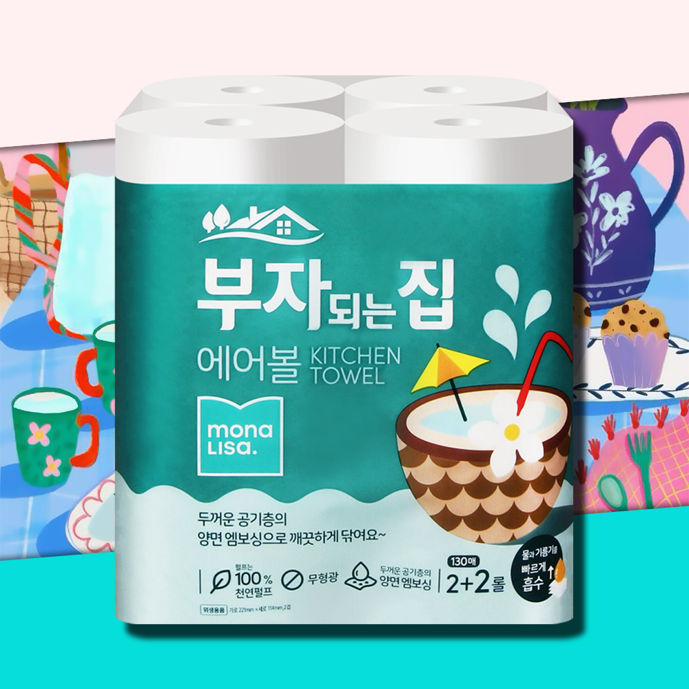 모나리자 부자되는집 에어볼 키친타올 130매 4롤 천연펄프 주방 키친타월 - 메인 이미지
