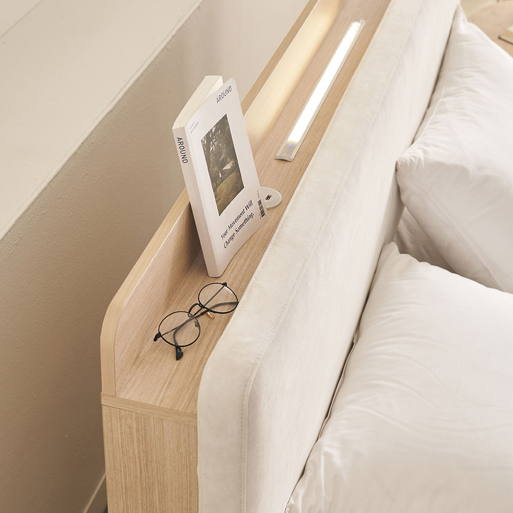 장인가구 가든 패브릭 쿠션헤드 LED 서랍형 수납침대 프레임 Q