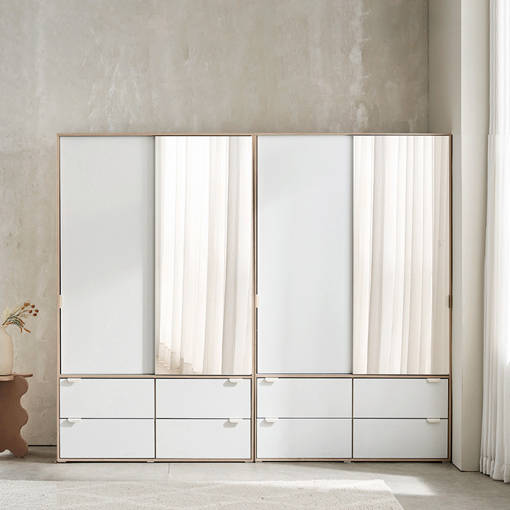 장인가구 코라 2400 슬라이딩 옷장 세트 1200 거울 서랍옷장 (행거형)+1200 거울 서랍옷장 (선반형) - 상품 이미지