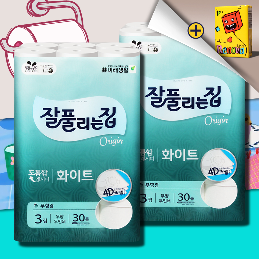 잘풀리는집 화이트 화장지 3겹 28m 30롤 2팩 두루마리 휴지 물에잘녹는 무형광 - 상품 이미지