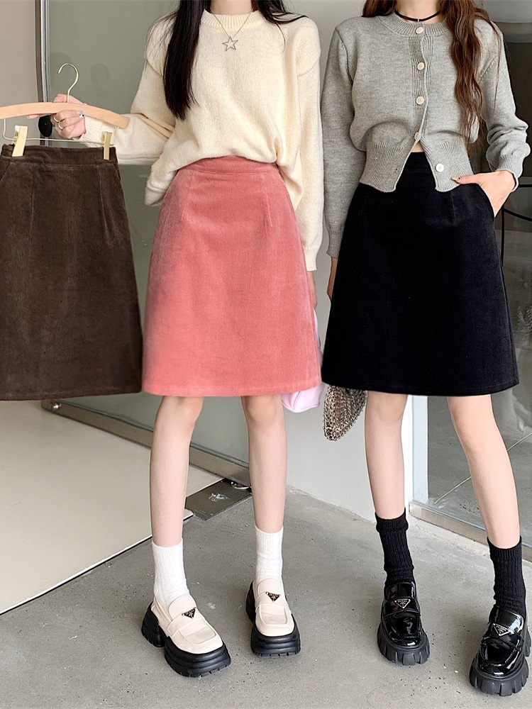 코듀로이 A라인 미디스커트 하이웨스트 빅사이즈 4XL까지 가을겨울 심플 디자인 브라운 - 상세 이미지 2