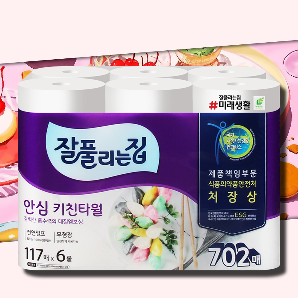 잘풀리는집 안심 키친타올 117매 6롤 1팩 천연펄프 주방 키친타월 - 메인 이미지