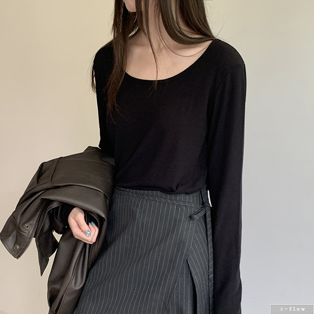 오언 루즈 U넥 베이직 골지 티셔츠 4col 가을 봄 긴팔 이너 데일리 스판 제이플로우 - 메인 이미지