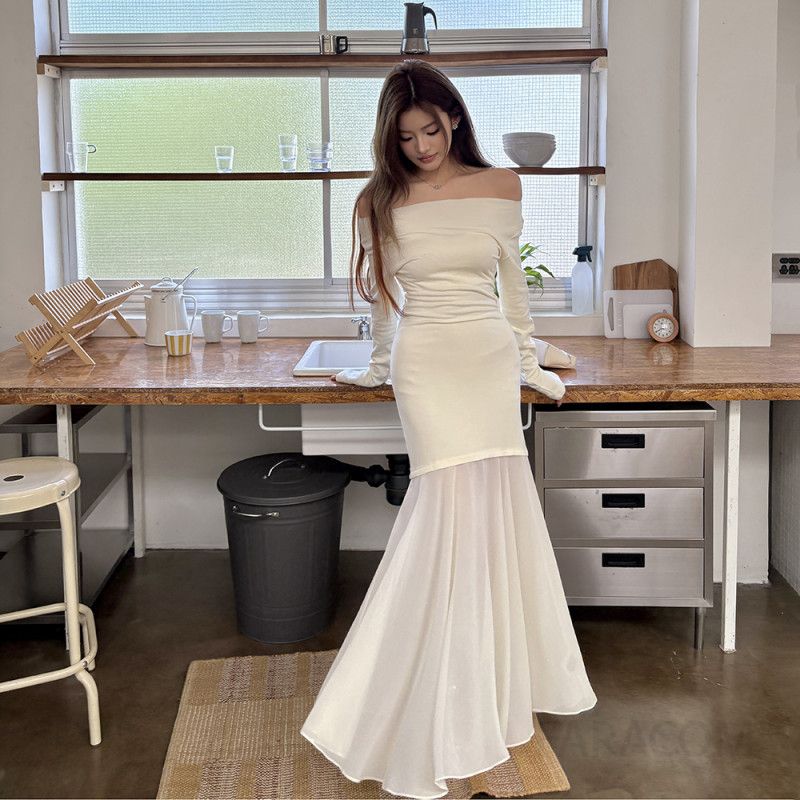 가을겨울 슬림핏 쉬폰 원숄더 드레스 힙스커트 피쉬테일 하객룩 롱원피스 우아한 스타일 모임룩 - 상품 이미지