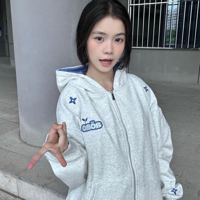 여성 가을 겨울 골지후드집업 스타일 자수 카디건 후드 스웨트셔츠 트렌디한 레트로 디자인 긴팔 재킷 편안한 착용감 데일리 아우터 - 상세 이미지 5