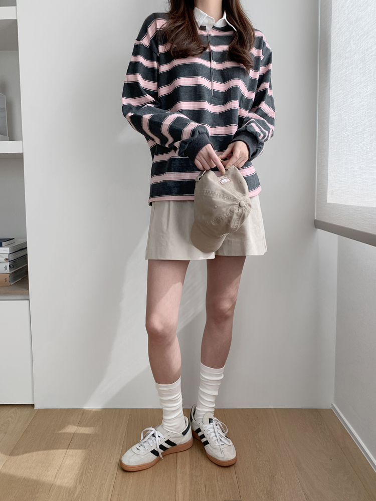 귀여운 배색 단가라 럭비 카라티 멀티 스트라이프 티셔츠 롱 여성 티셔츠 봄 여자 박스티 이미지 8