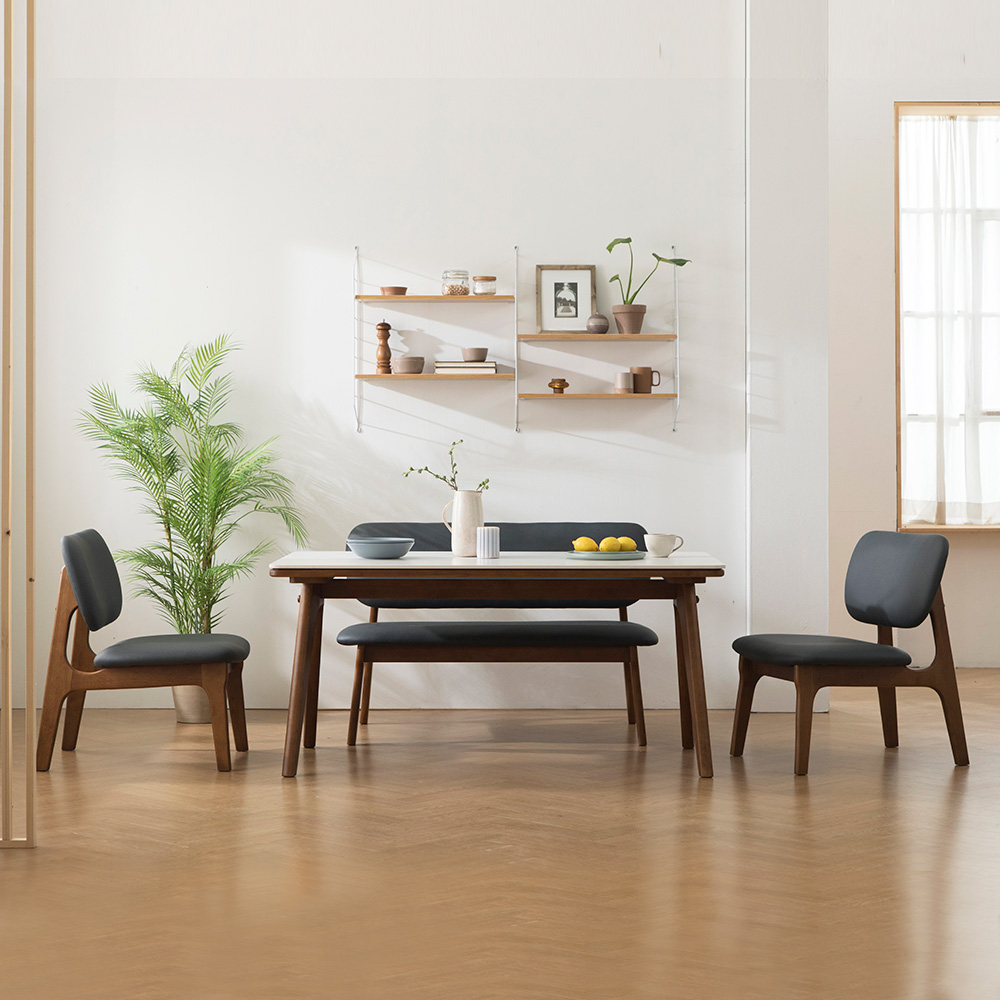 장인가구 칸토르 세라믹 원목 낮은 식탁 세트 1400 4인 의자2 벤치 패밀리 SE0등급