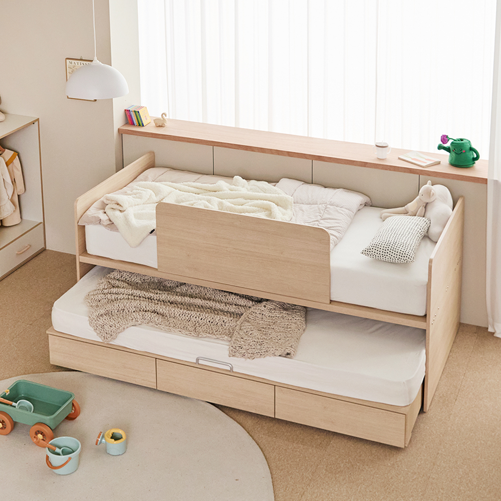 피터 E0등급 슬라이딩 낮은 저상형 2층침대 싱글 침대 프레임+3단서랍+우드가드