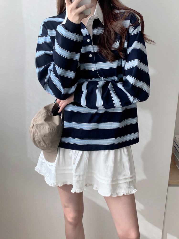 귀여운 배색 단가라 럭비 카라티 멀티 스트라이프 티셔츠 롱 여성 티셔츠 가을 여자 박스티 - 상세 이미지 5