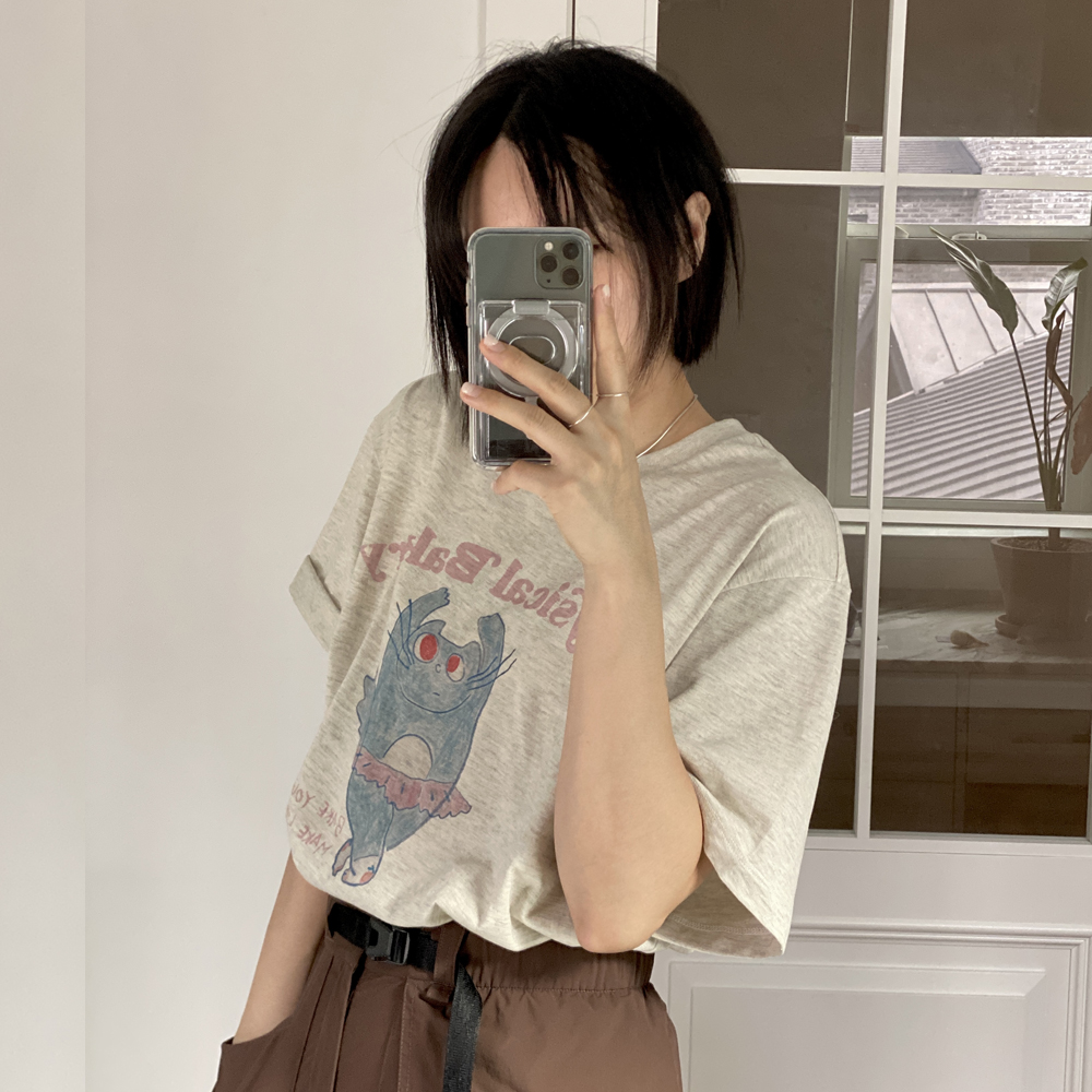 [3차] 피지컬베이커리 고양이 오버핏반팔 캐릭터반팔 빈티지 티 발레 슬래커 코어 오프화이트, S 이미지 8