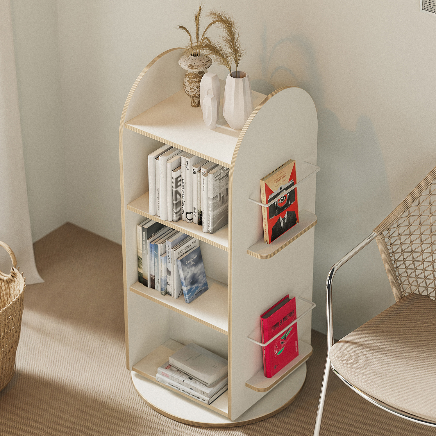 전면 회전책장 아기 교구장 어린이 유아 책장 570x570x1460, 5단, 크림화이트