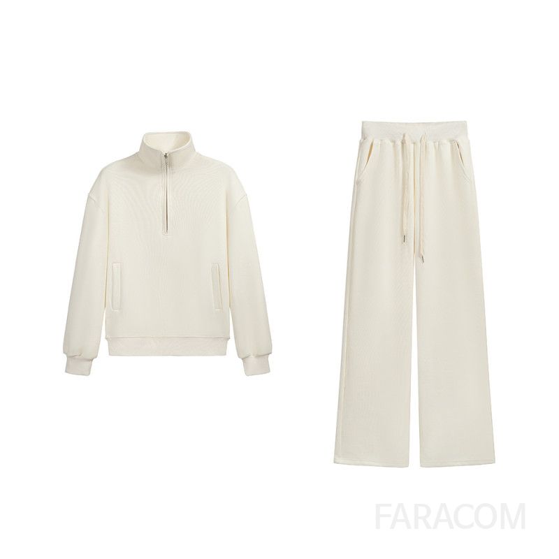 여성 벨벳 와이드 팬츠 반집업 폴로 칼라 탑 세트 캐주얼 트레이닝세트 편안한 착용감 가을 겨울 공항룩 스타일링 데일리룩 활용도 높은 두꺼워진 소재 - 상세 이미지 5