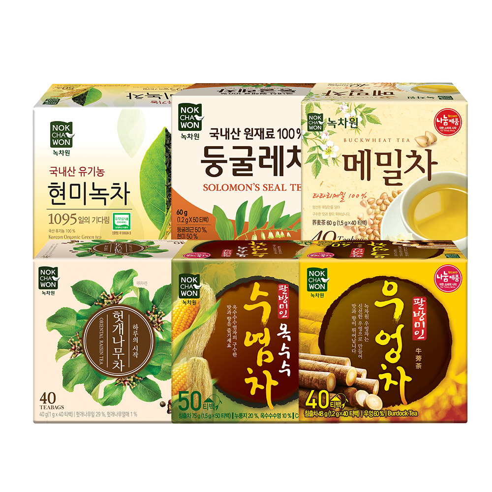티백차 6종 한번에 쓱(유기농 현미녹차 50T+둥굴레차50T+메밀차 40T+우엉차 40T+옥수수수염차50T+헛개나무차40T) - 메인 이미지