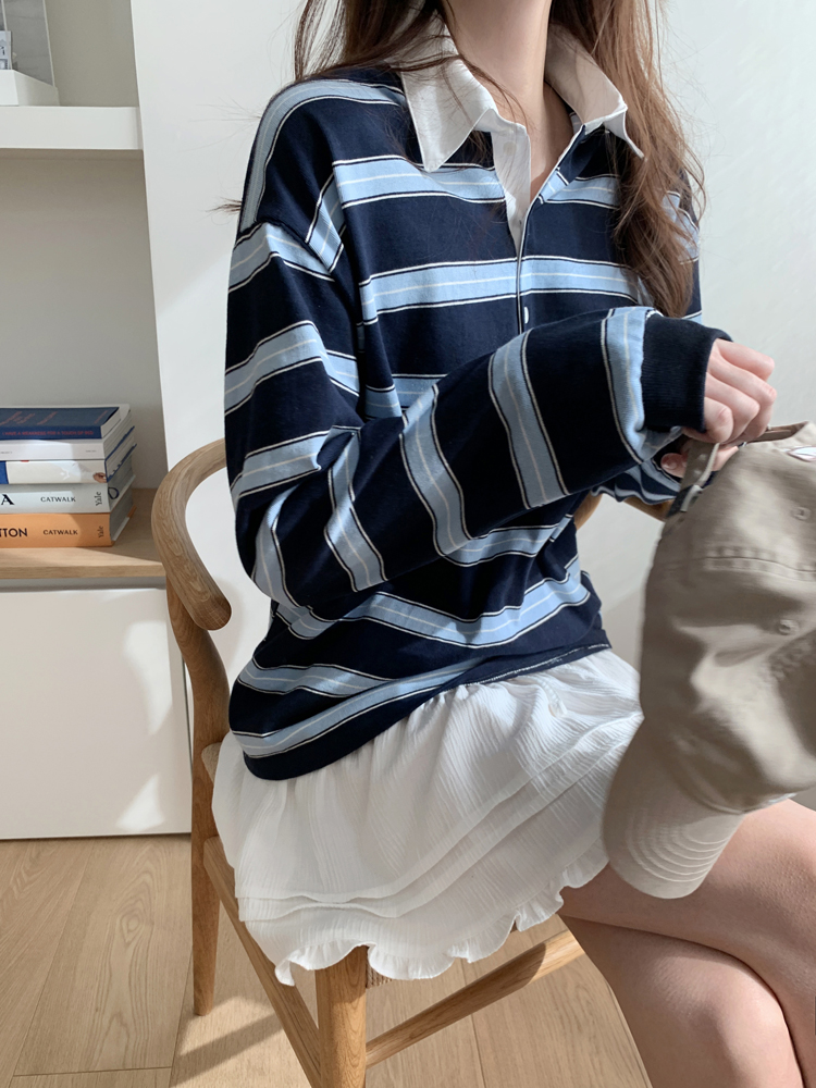 귀여운 배색 단가라 럭비 카라티 멀티 스트라이프 티셔츠 롱 여성 티셔츠 가을 여자 박스티 이미지 6