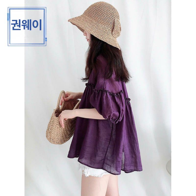 아사면 셔츠 린넨 반팔 시원한 여성셔츠 티셔츠 여름 빅사이즈 딥퍼플 S 42.5~50kg - 상세 이미지 2