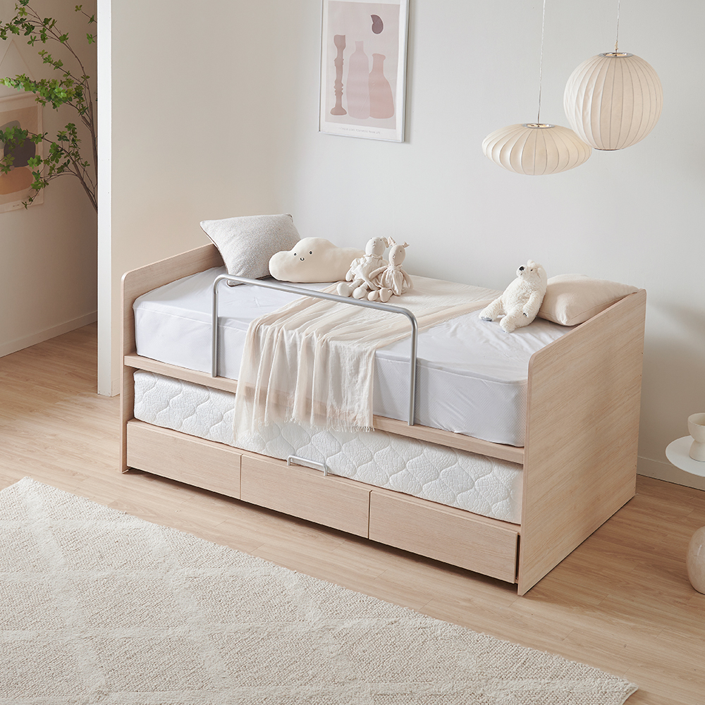 피터 E0등급 슬라이딩 낮은 저상형 2층침대 싱글 침대 프레임+3단서랍+우드가드