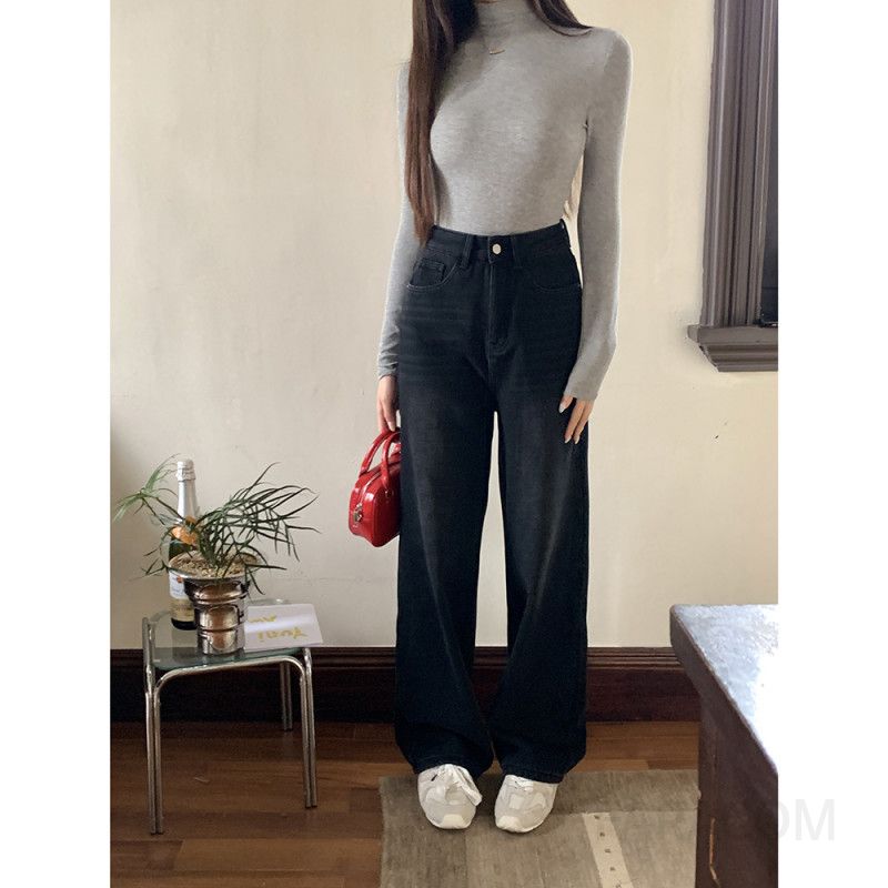 여성용 슬림 스트레이트 블랙 기모청바지 겨울 보온 방풍 스타일 데님 팬츠 와이드 레그 캐주얼한 착용감 데일리 외출용으로 트렌디한 디자인 - 상세 이미지 3