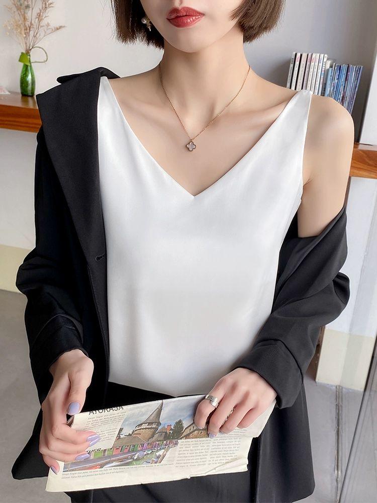 민소매 이너 슬림핏 원피스 실크 럭셔리 블라우스 루즈한 빅사이즈 봄여름 브이넥 티블라우스 샴페인 05 와이드숄더 S - 상세 이미지 3
