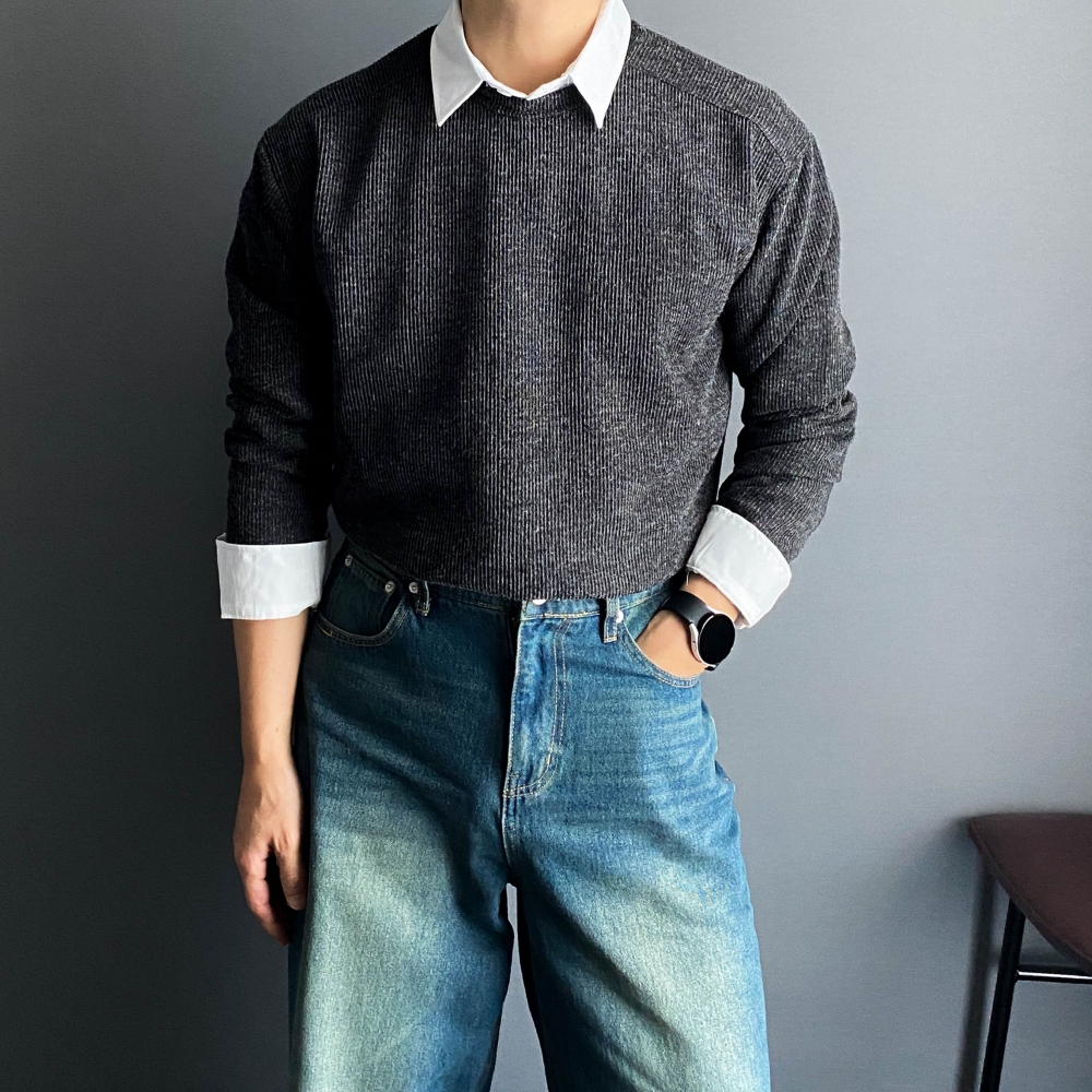 남자 니트 골지 라운드넥 데일리룩 기본핏 긴팔 커플룩 가을 겨울 봄 - 상세 이미지 2
