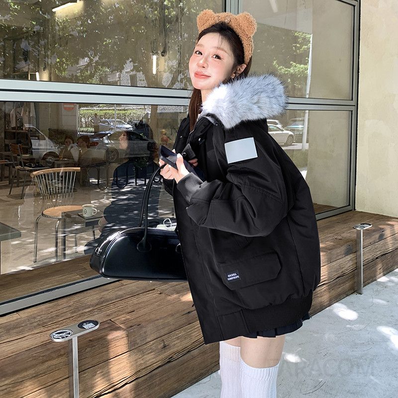 여성 루즈핏 후드 퍼 트리밍 두툼한 솜 충전재 패딩 파카 점퍼 겨울 재킷 아우터 따뜻한 방한 코디 - 상세 이미지 3
