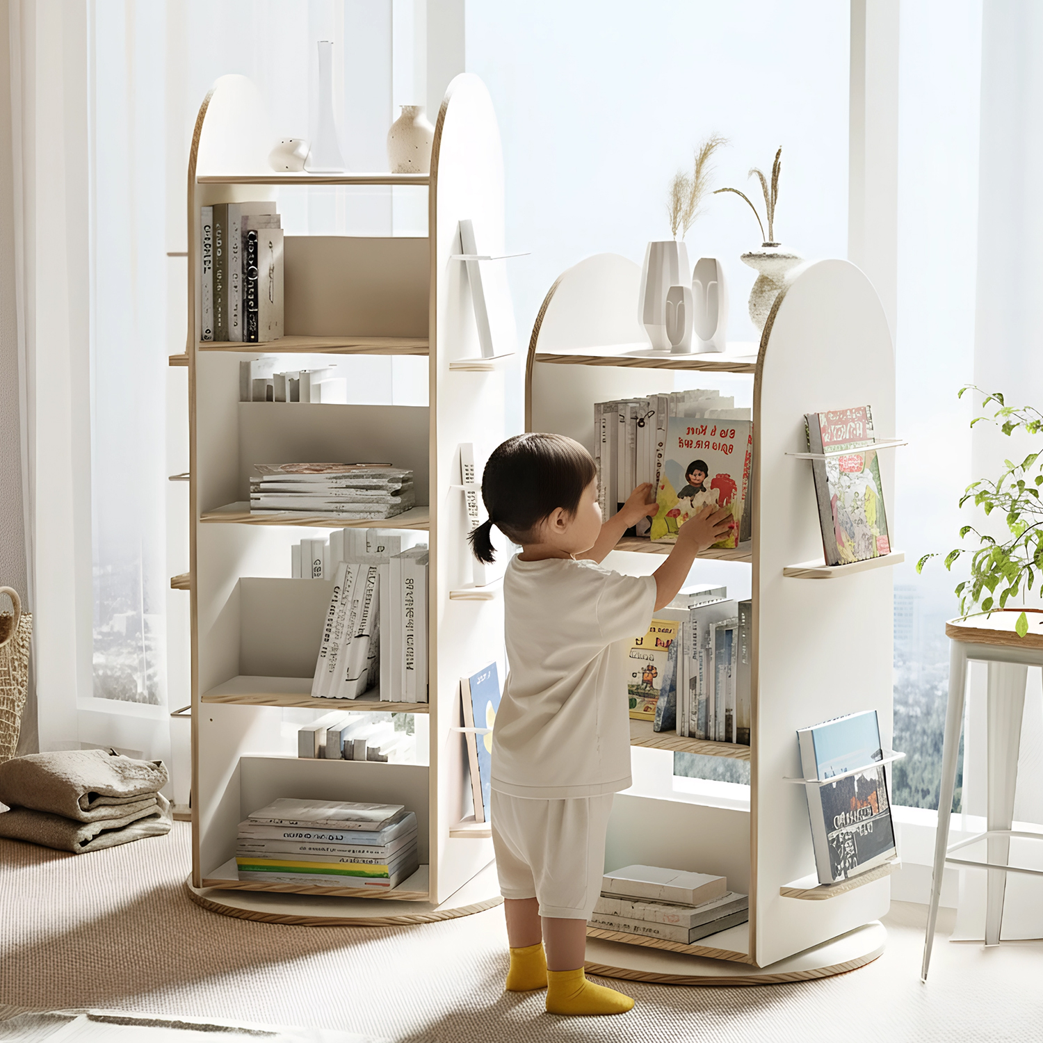 전면 회전책장 아기 교구장 어린이 유아 책장 570x570x1460, 5단, 크림화이트