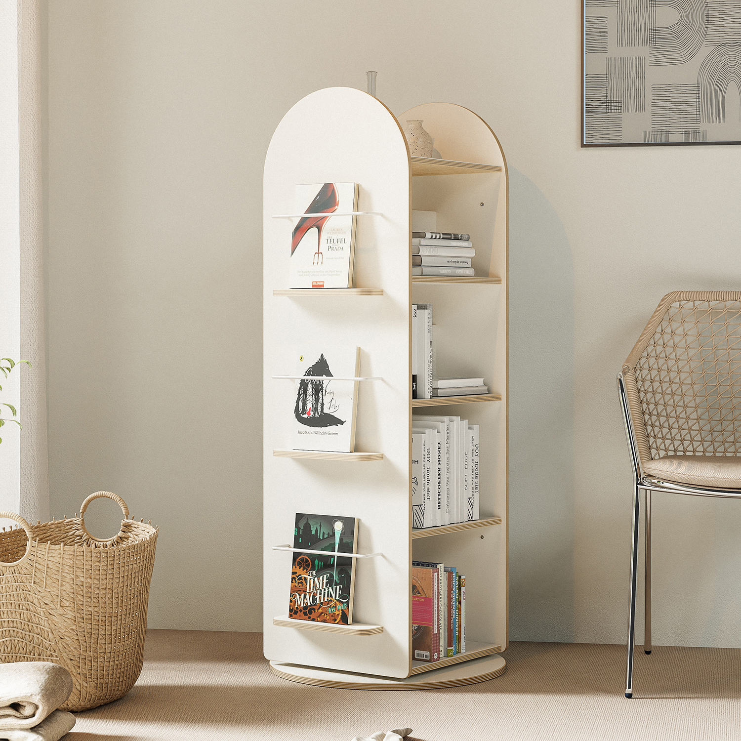 전면 회전책장 아기 교구장 어린이 유아 책장 570x570x1460, 5단, 크림화이트