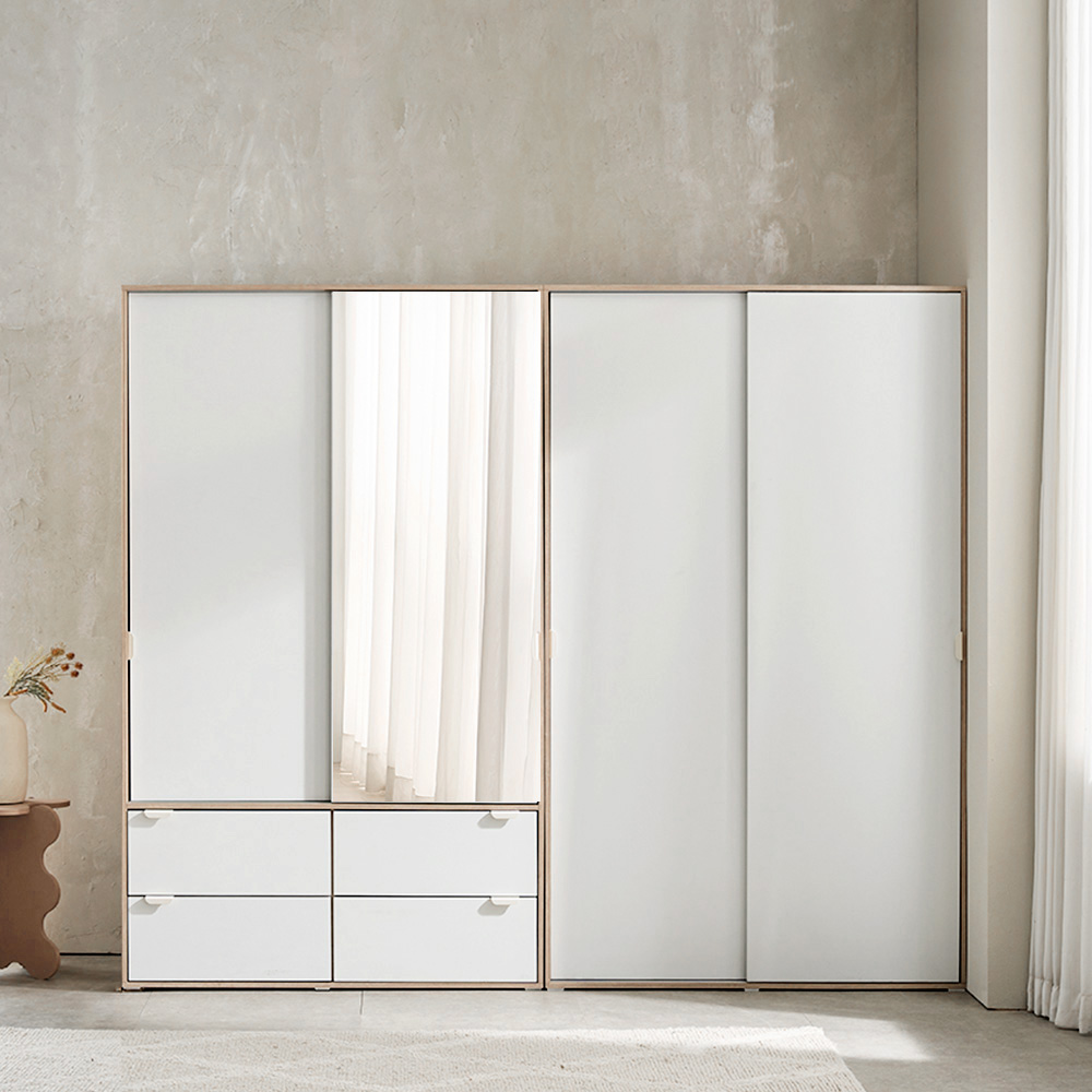 장인가구 코라 2400 슬라이딩 옷장 세트 1200 거울 서랍옷장 (행거형)+1200 서랍옷장 (행거형) - 상품 이미지