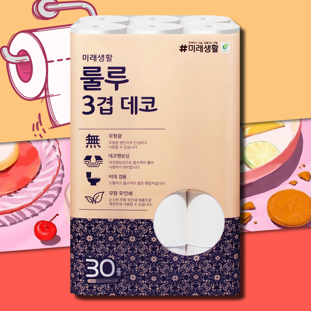잘풀리는집 룰루 3겹 데코 화장지 22m 30롤 두루마리 휴지 물에잘녹는 무형광 - 상품 이미지