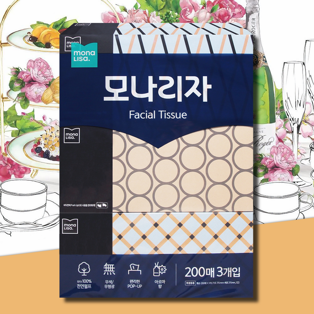 모나리자 각티슈 미용티슈 200매 3개 아로마향 곽티슈 곽휴지 사각티슈
